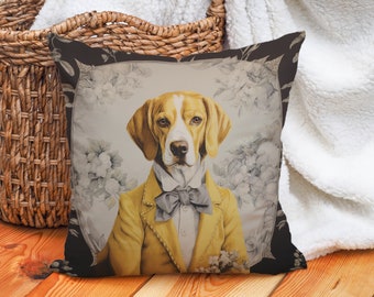 Lemon Beagle Vintage Pillow - Shabby Chic Bohemian Yellow Grey - Beagle Lover Gift, #PR0369, Insert Included