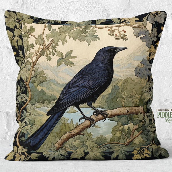 Majestic Corvid Watch Pillow Crow in Verdant Vista Cushion, Nature's Earthy Tones, Birdwatcher's Dream Gift, #PR0849, Insert Included