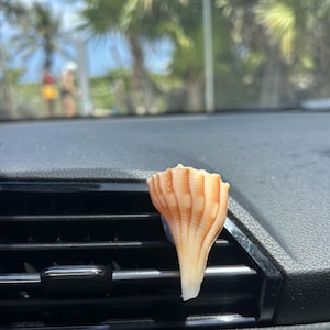 Puede incluir: Un ambientador con forma de concha en un coche. La concha es de color naranja claro con líneas verticales y una punta blanca. Fijado a la rejilla de ventilación.