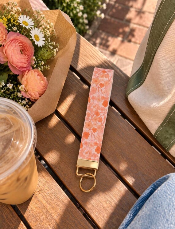 Falling for You Wristlet | Wristlet Pink Floral Keychain for Women Gifts for Girlfriend Girly Keychain Pink Keychain Floral Key Accessories