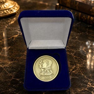 May include: A circular gold-toned commemorative coin featuring the embossed profiles of two figures in military-style attire, presented inside a deep blue velvet-lined display box with a light gray interior lining and a hinged lid.
