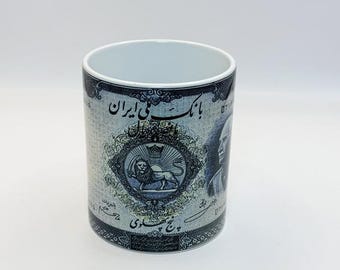 Taza de cerámica persa, taza de dinero Pahlavi, taza persa, taza de café persa, taza de cerámica de 355 ml, taza de dinero Reza Shah, regalo de Nowruz