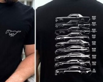 Majestic Mustang Horse Front Print and Rear Print Design of Popular Ford Mustang Evolution Tee - Vintage to Modern, Year-by-Year Specs Shirt