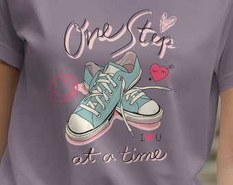 One Step at a Time T-Shirt, Inspirational Quote Tee, Sneaker Graphic, Casual Wear