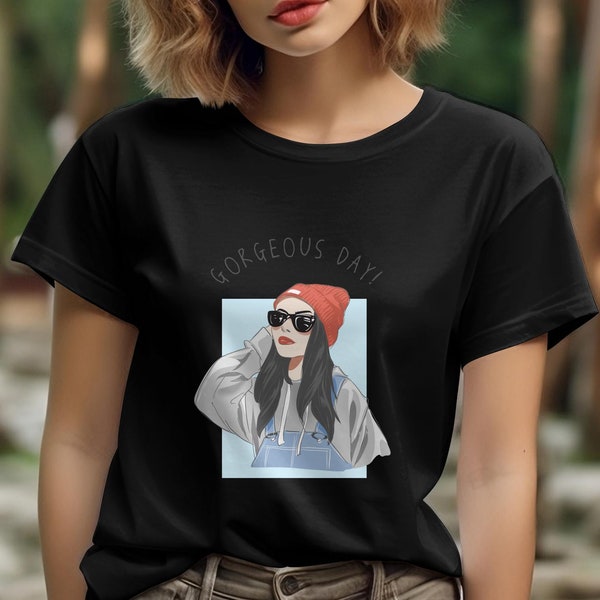 Gorgeous Day Girl with Sunglasses Fashion T-Shirt, Chic Urban Streetwear, Cool Casual Women's Top