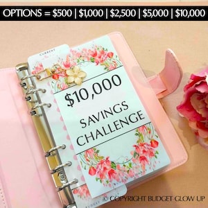 Puede incluir: Una agenda rosa con una inserción de "Reto de Ahorro de 10.000 €", adornada con diseños florales. La agenda está abierta, revelando la inserción con el texto "Reto de Ahorro de 10.000 €". Un charm floral decorativo cuelga de los anillos de la agenda.