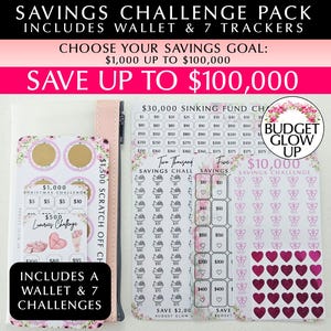May include: A savings challenge pack featuring a white wallet and seven printed trackers. The set includes various cards with text such as $1,000 Christmas Challenge, $30,000 Sinking Fund, and $10,000 Savings Challenge, decorated with pink floral accents.