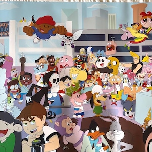 May include: A colorful illustration featuring a large group of cartoon characters, including Dexter's Laboratory, Powerpuff Girls, Johnny Bravo, Ed, Edd n Eddy, and many more. The characters are arranged in a chaotic and playful manner, with some characters standing, sitting, or flying in the air.