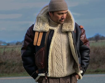 Men's B3 Bomber Jacket – Shearling Sheepskin Leather Aviator Coat, Vintage Pilot Style