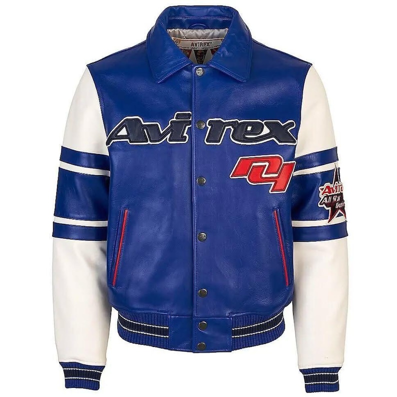 May include: A blue leather jacket with white sleeves. The jacket features the brand name "Avirex" in navy blue and red accents. The sleeves have white stripes and the jacket has a button-up front. A star patch is on the right sleeve.