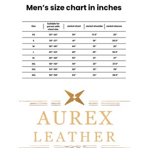 May include: A size chart for men's jackets in inches. The chart includes sizes XS to 4XL, with corresponding chest, shoulder, and sleeve measurements. The Aurex Leather logo is at the bottom.