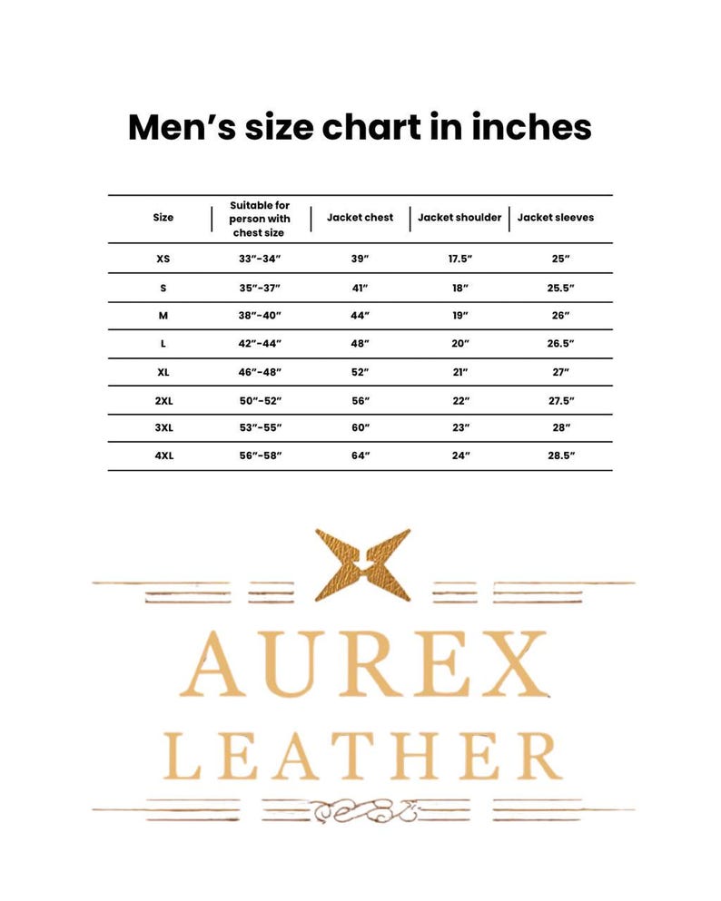 May include: A size chart for men's jackets in inches. The chart includes sizes XS to 4XL, with corresponding chest, shoulder, and sleeve measurements. The Aurex Leather logo is at the bottom.