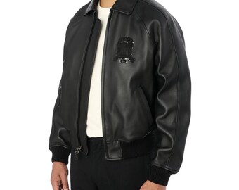 Men's Black Cow Leather Bomber Jacket | USA Embroidery Avirex Style | gift for him