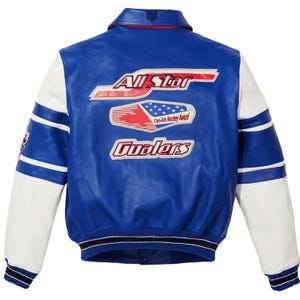 May include: A blue and white leather jacket with the text "All Star" and "Can-Am Hockey Award" on the back. The jacket has white sleeves with blue stripes and a blue collar. The jacket has a black and white striped hem.