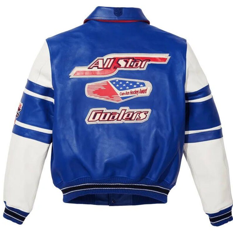 May include: A blue and white leather jacket with the text "All Star" and "Can-Am Hockey Award" on the back. The jacket has white sleeves with blue stripes and a blue collar. The jacket has a black and white striped hem.