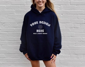 Gildan 18500 Navy Mockup. Navy Hoodie Mockup. Trendy Oversized hoodie mockup. POD hoodie mockup. Outdoor hoodie mockup. Gildan 18500 cute.