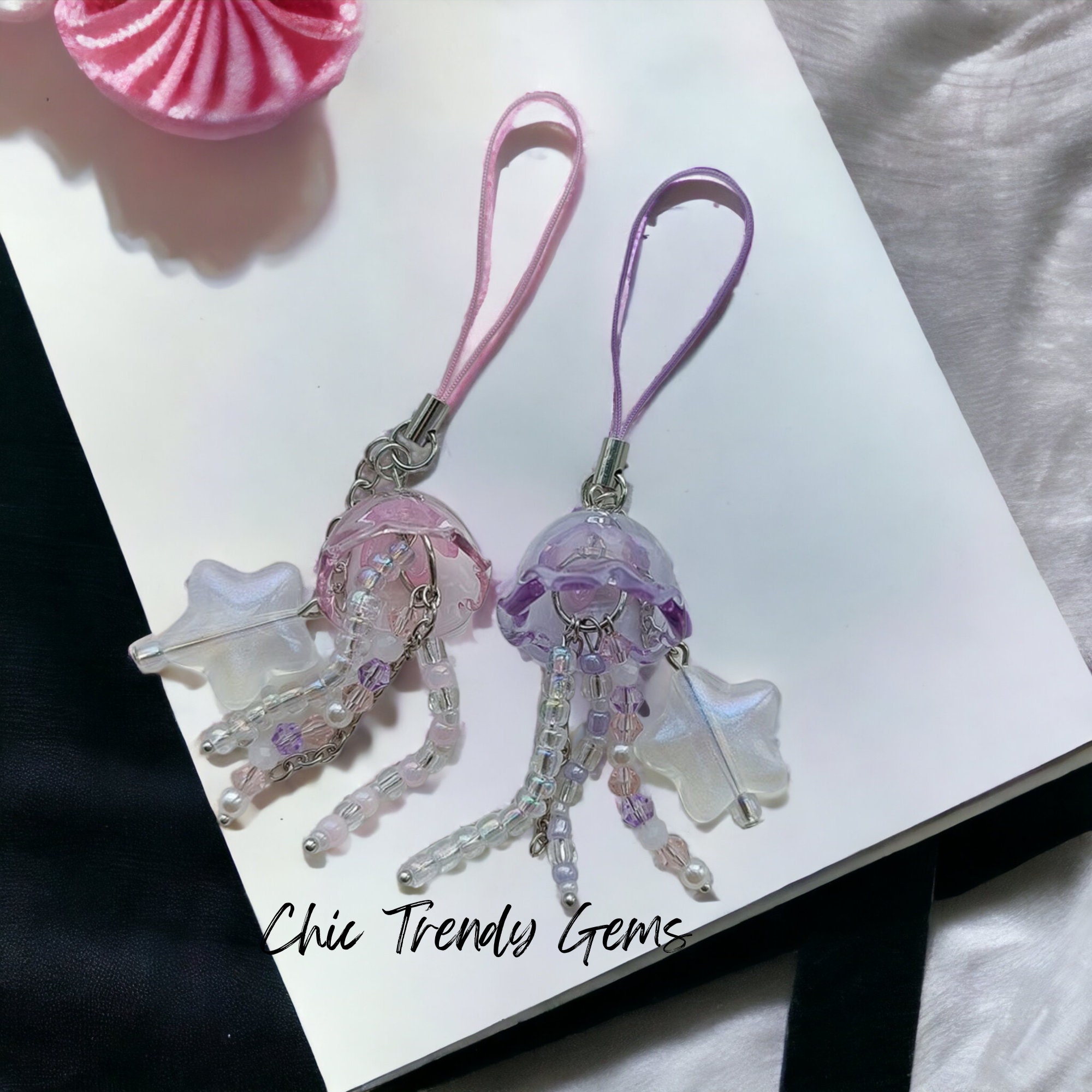 Cute Purple/ Jellyfish Keychain, Beaded Keyring For Girls