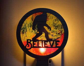 Bigfoot Night Light Believe Sign | Sasquatch Aurora Borealis Plug In Nightlight | Woodland Cryptid Decor | Gift for Bigfoot Lovers