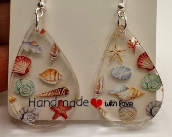 Seashell Acrylic Dangle Earrings, Beach Jewelry