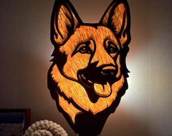 German Shepherd Handmade Wood & Acrylic Dog Night Light Dog Lover Gift