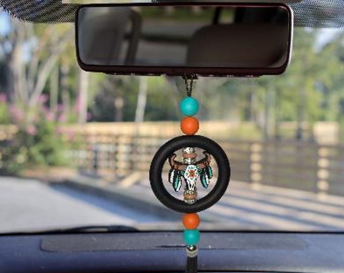 Boho Bull Skull Car Charm | Turquoise Beaded Tassel, Southwestern Decor