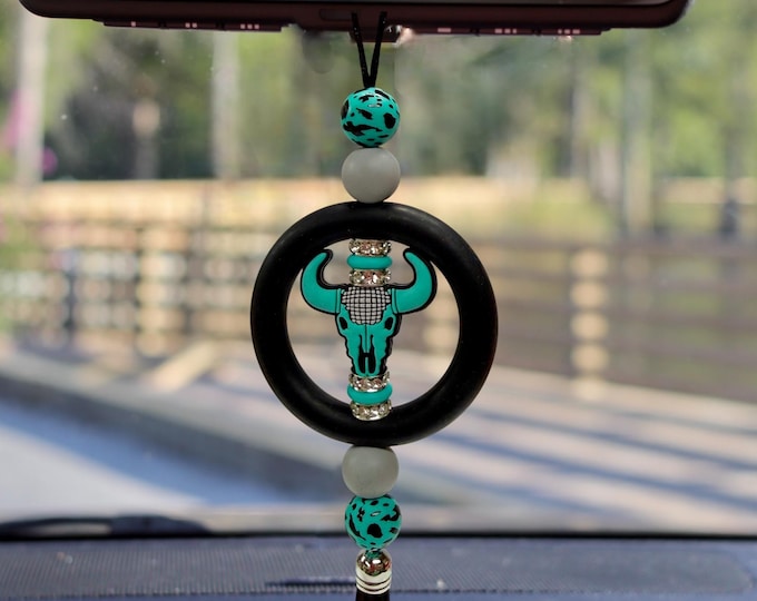 Turquoise Bull Skull Car Charm | Southwestern Boho Tassel