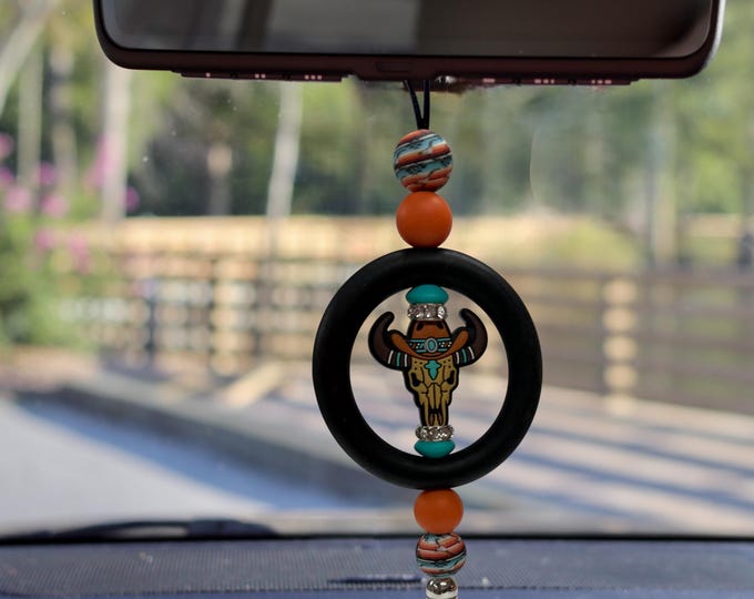 Cowboy Bull Skull Car Charm | Beaded Tassel, Western Car Decor
