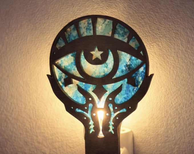 Celestial Eye Night Light | Teal Aqua Wood & Acrylic, Boho Decor