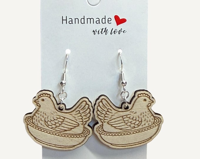 Vintage Hen Wooden Earrings | Farmhouse Chicken Earrings | Laser Engraved Wood Dangle Earrings | Country Kitchen Jewelry