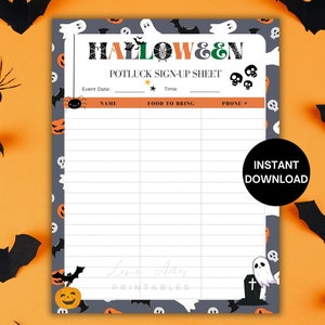 May include: Printable Halloween potluck sign-up sheet with a gray background and a black and white Halloween pattern. The sheet has columns for name, food to bring, and phone number. The text "HALLOWEEN" is at the top of the sheet in a black and white font. The text "INSTANT DOWNLOAD" is in the bottom right corner of the sheet.