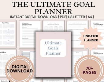Op de afbeelding: Een digitale planner met een roze omslag en de tekst "Ultimate Goals Planner". De planner bevat pagina's voor het stellen van doelen, het bijhouden van voortgang en het maken van actieplannen. Het is een printbare PDF met meer dan 70 pagina's.