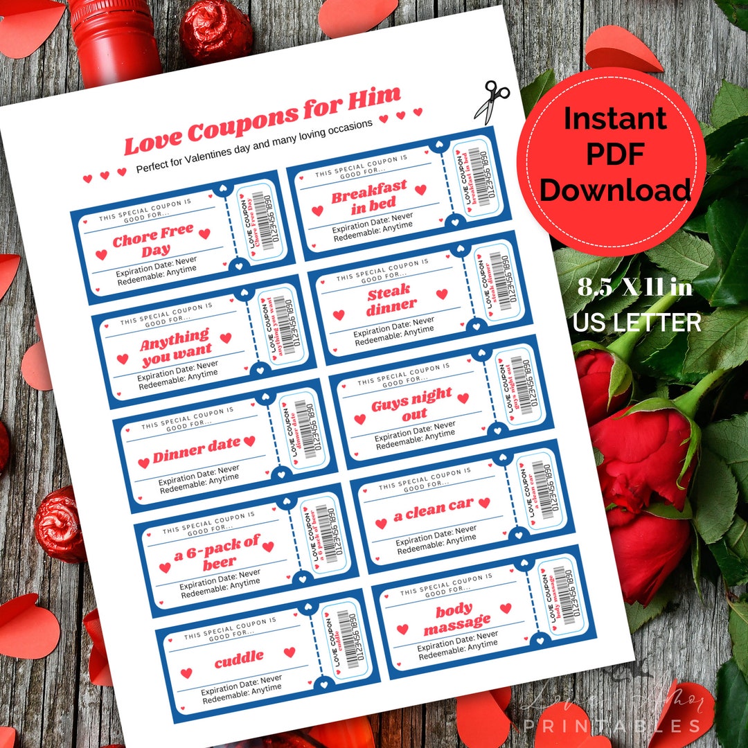 Love Coupons for Him, Valentine Coupon, Coupons for Him, Couple Coupons ...