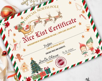 May include: A printable Christmas certificate with a red and green striped border. The certificate reads "Official North Pole Nice List Certificate" and includes a cartoon image of Santa Claus in his sleigh with reindeer. The certificate is signed by Santa Claus and dated 12-15-2023.