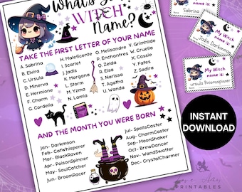 ¿Cuál es tu nombre de bruja?, juegos de fiesta de Halloween, juegos de nombres de Halloween, nombre de bruja, imprimible de Halloween, juego divertido de Halloween, juegos de brujas