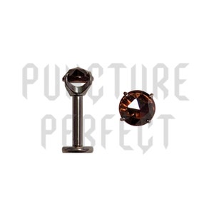 May include: Two pieces of body jewelry. One is a dark metal labret stud with a brown gemstone. The other is a round, brown gemstone with a dark metal setting. The text "PUNCTURE PERFECT" is printed in the background.