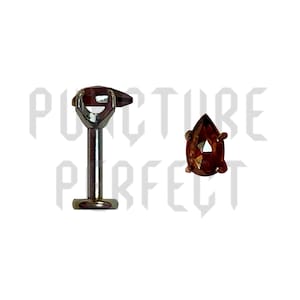 May include: Two pieces of jewelry. One is a silver-colored labret stud with a dark red gem. The other is a dark red teardrop-shaped gem with three small prongs. The text "PICTURE PERFECT" is visible in the background.