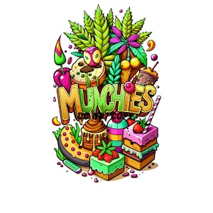Puede incluir: Una ilustración colorida de una variedad de dulces, incluyendo donas, pasteles y helados, con la palabra "MUNCHIES" en letras negritas. La ilustración está rodeada de hojas verdes y una flor rosa.