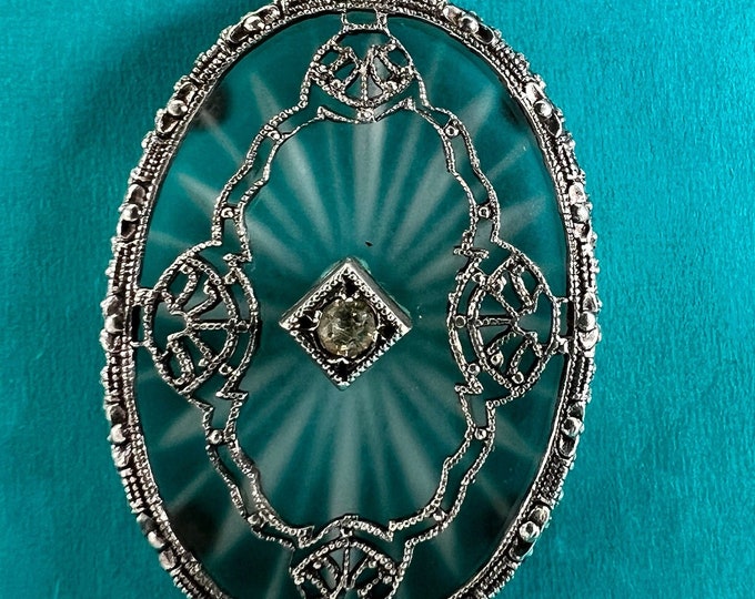 ANTIQUE Camphor Glass and Sterling Silver Pendant on 20" Sterling Chain.