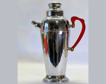VINTAGE Art Deco Cocktail Shaker. Chrome Stainless with Red Bakelite Handle. 1930s Barware for Home Entertaining.
