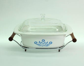 VINTAGE Corning Ware Blue Cornflower Dutch Oven. P-34-B 4 Quart. Cradle Rack Lid. Roasting Rack. Made in USA