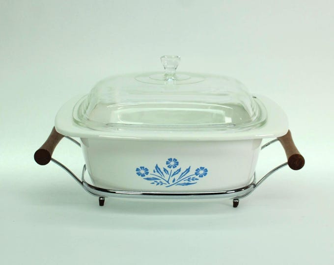 VINTAGE Corning Ware Blue Cornflower Dutch Oven. P-34-B 4 Quart. Cradle Rack Lid. Roasting Rack. Made in USA