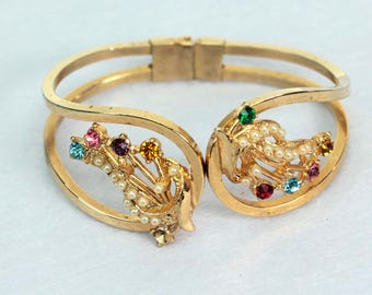 VINTAGE Gold Tone Bypass Hinged Cuff Bracelet • Colorful Rhinestones & Faux Seed Pearls • Mid Century Cocktail Jewelry • 1950s 1960s