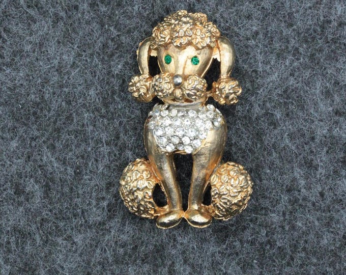 VINTAGE Signed Samsan SA Poodle Brooch • Gold Tone Figural Dog Pin • Green Rhinestone Eyes • Mid Century Costume Jewelry