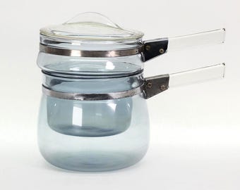 VINTAGE 1940s Pyrex Flameware No. 6763 Double Boiler - Complete 3 Piece Set with Lid - Made in USA