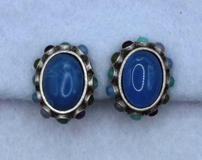 VINTAGE Blue Cabochon Clip-On Earrings, Silver Tone Mosaic Halo Earrings, Jewel Tone Accent Statement Jewelry