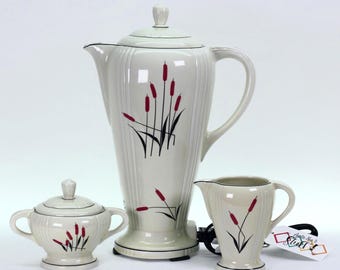 VINTAGE Westinghouse Ceramic Electric Percolator Set – Cattail Pattern, c.1940s–50s – Made in USA