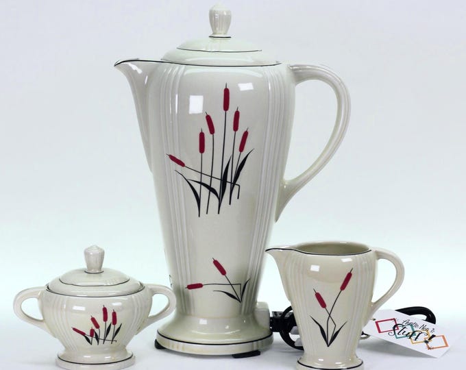 VINTAGE Westinghouse Ceramic Electric Percolator Set – Cattail Pattern, c.1940s–50s – Made in USA