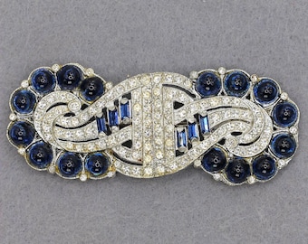 VINTAGE Art Deco Revival Blue Rhinestone Brooch - Sapphire Cabochon Silver Tone Pin