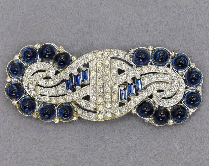 VINTAGE Art Deco Revival Blue Rhinestone Brooch - Sapphire Cabochon Silver Tone Pin