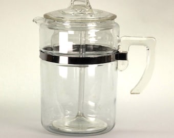 RARE Pyrex 7829 Flameware Glass Percolator. Self-Diffusing Lid. Detachable Handle Band. 9-Cup Coffee Pot. Made in USA